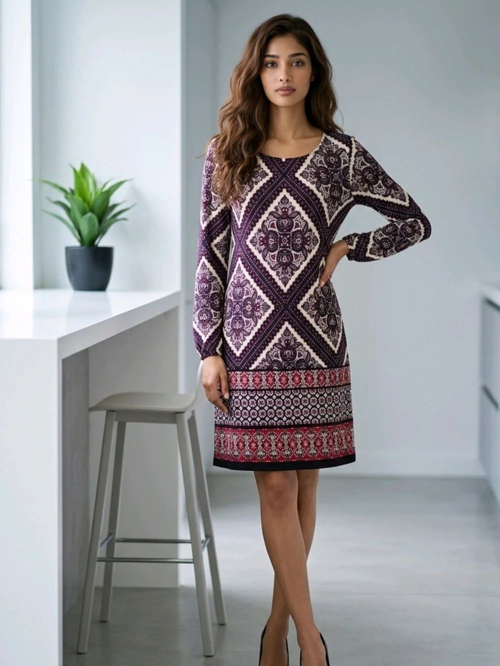 Tommy Hilfiger Medallion Patchwork Shift Dress Long Sleeve Office Boho Women 12